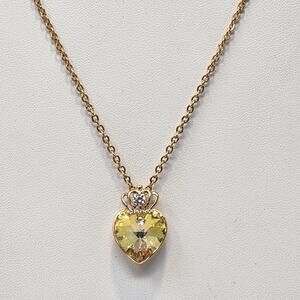 Crown Heart Yellow Clear Rhinestone Pendant Gold Tone Chain Necklace Adjustable